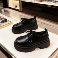 Black thick-heeled lace-up loafers women's 2025 autumn new platform British style small leather shoes heightening muffin single shoes 40 white