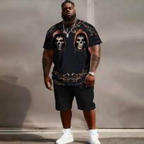 S-6XL Plus Size Men's Oversized Fit, Skull, Grim Reaper, Samurai & Skeleton Print T-Shirt & Shorts Set, Casual Streetwear Outfit XL black