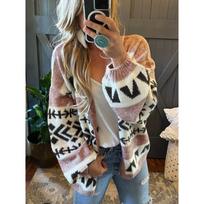 Loose Lazy Jacquard Color Contrast Women V Neck Long Sleeve Knit Cardigan Sweater L gray
