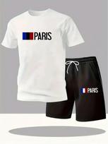Men's Summer Heat Transfer Sports T-shirt & Shorts - Round Neck, Short Sleeve, Paris Trendy Fashion Casual Set in Stock Large white