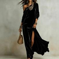 Women's Elegant Long Sleeve Velvet Dress with Side Slit for Formal Party Cocktail Evening Wear XXL