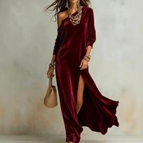 Women's Elegant Long Sleeve Velvet Dress with Side Slit for Formal Party Cocktail Evening Wear XXL