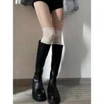 Lace Fringed Socks, Black and White Calf Socks, Thigh-high Socks, Lolita Socks, Women's Pile Socks with Boots 1 pair