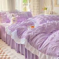 Korean Princess Seersucker Bedding Kawaii Ruffle Lace Bed Skirt Duvet Cover Solid Color Queen Size Double Sheets Sets For Girls Skirt Bed Sheet&Twin 1.2m bed (3pcs)