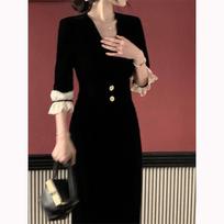 Hepburn-Style Black Velvet Lace Trim Dress for Women XL black