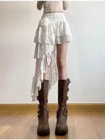 2026 Spring Lace Asymmetrical Skirt Fairycore Holiday Women Y2K Clothes High Waist Fashion Cute Mid Skirts Retro Aesthetic Lady L gray