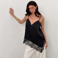 Women's Satin Lace Cami Tops Asymmetrical V Neck Spaghetti Strap Tank Tops XL juoda