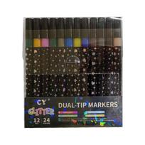 Double-headed Two-color Flashing Marker, Bold Metallic Shimmering Powder Marking Pen, Colored Hand-drawn Account Pen, Fluorescent Pen 12pcs gray