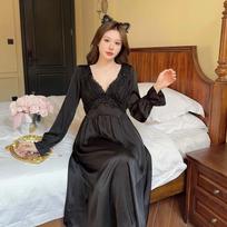 Pure desire satin chiffon lace edge home set V-neck comfortable pajamas nightdress with chest pad sexy long dress XL brown