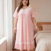 VEZFAA Women's Fashion Summer Spring Lace Print Short Sleeve V‑Neck Loose Casual Nightgown XXXL gray