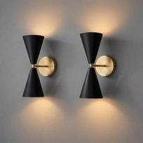 Set of 2 Mid Century Modern Double Cone Wall Sconce, Black Brass Italian Stilnovo Lighting Gift beige