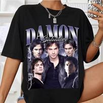 Damon Salvatore marškinėliai, „Vampyrų dienoraščiai“ rašto marškinėliai vyrams, keturių sezonų unisex medvilniniai laisvalaikio madingi gatvės drabužiai 120 gray