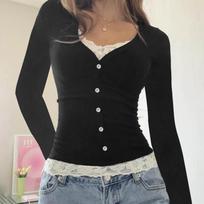 Color Contrast Lace Patchwork Fake Two Pieces Tops Button Slim Casual Streetwear Clothes Basic Bodycon 90s Outfits XS juoda