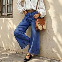 Women's Casual Wide Straight Leg Jeans with Lace Trim, Denim Pants for Everyday Wear L gray