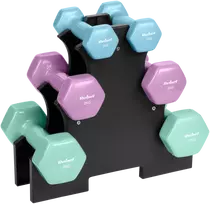HEX ketaus vinilo hantelių rinkinys 12 kg su stovu (2x1kg + 2x2kg + 2x3kg), REBEL ACTIVE