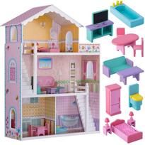 Ricokids Didelis trijų aukštų medinis lėlių namelis + baldai + terasa