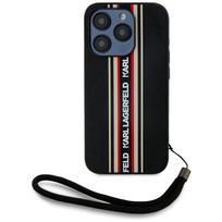 Karl Lagerfeld Saffiano Athleisure Stripes Cord iPhone 15 Pro dėklas su virvele, raudonas