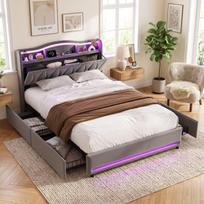 Lova 140 x 200 cm – LED ir USB – Galvūgalis su lentyna – 4 stalčiais – Aksominė – Pilka