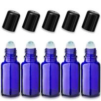 Mėlyna 20 ml stiklinė roll-on butelė su juodu dangteliu, 5 vnt. rinkinys