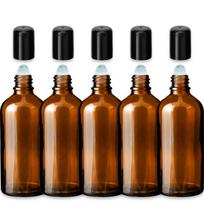 Rudas stiklinis roll-on butelis 100 ml su juodu dangteliu, 5 vnt. rinkinys