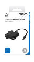 USB-C šakotuvas DELTACO, 4x USB-A 480Mbps, juodas / USBC-HUB205 / 1902570