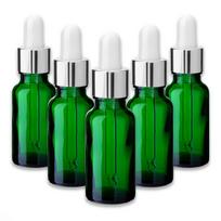 Žalia 20 ml stiklinė butelė su sidabrine aliuminio pipete, 5 vnt. rinkinys