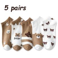 5 Pairs Of Cartoon Bear Pattern Socks Cute And Breathable Ankle Socks Women S Stockings And Socks One Size white