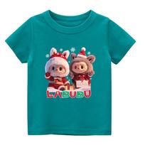 2025 New LABUBU Children's Short Sleeved T-shirt Cute Cartoon Style Pattern Round Neck Short Sleeved Top 100 blue