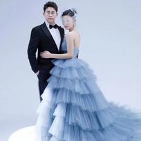 Blue wedding dress 2025 new clothing street shot puffy gauze skirt one-word shoulder wedding dress XXL mėlyna