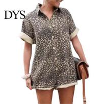 Women Leopard Print Romper Summer Short Sleeves Turn-down Collar Single-breasted Loose Vacation Style S Leopard Print gray