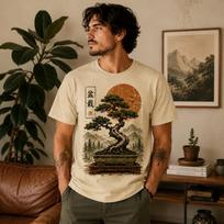 Vintage Bonsai Tree T-Shirt, Japanese Nature Landscape Graphic Tee 2XL brown