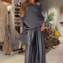 Elegant Satin Wide-Leg Pants and Off-the-Shoulder Top Set for Spring 2026 2XL tamsiai mėlyna