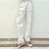 Moteriškos cargo kelnės Aukštas juosmuo Vienspalvės Laisvos Daug kišenių Pilno ilgio Minkštos Kvėpuojančios Atsitiktinės Streetwear Stiliaus Moteriškos Džinsinės Kelnės L balta