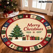Merry Christmas Round Area Rug Xmas Tree Gift Box Circle Carpet Washable Non Slip Plaid Border Living Room Floor Decor 150cmx150cm