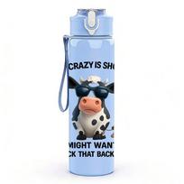 1PC Crazy Cow Quote Text 750ml Color Plastic Sports Water Bottle Leakproof Flip Straw Lid Suitable for Sports Office Home Use mėlyna