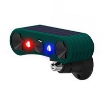 Solar-Powered Farm and Orchard Animal Repeller with Dual Speakers and Red/Blue Flashing Alarm. 911W Green Shell Ultrasonic + Alarm Sound English blue