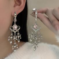Super Fairy Pink Diamond-Encrusted Love Water Drop Earrings, Retro Baroque Long Sweet Fringed Temperament Earrings black