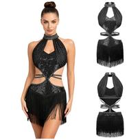 S-3XL Moteriška Lotynų šokio su kutais suknelė Blizganti su išpjova kaklo srityje Be rankovių Išpjova nugaroje Kutų suknelė Konkursui Pasiruošimui S juoda