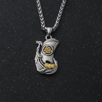 Norse Mythology Viking Longship VALKNUT Necklace Nordic Compass Wolf Gungnir Protection  Pendant gray