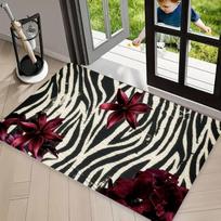 Vintage Distressed Zebra Stripes Burgundy Lily Area Rug Carpet, Non Slip Floor Mat, Black White Animal Print Washable Doormat 30x50cm