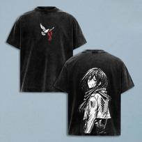 Anime Attack On Titan Mikasa Graphic T Shirt Men Women Clothing Casual Cotton Tshirt Vintage Washed T-shirt Harajuku Unisex Tops 3XL juoda