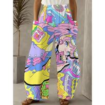[Colorful Cyberpunk] Colorful Cyberpunk | Women's Wide-Leg Pants Anime & Element Print Trendy Casual Loose XL pink