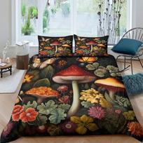 Mushroom Duvet Cover Watercolor Fungus Bedding Set Wild Botanical Comforter Cover Set Retro Leaf Pattern Polyester Quilt Cover AU Double(180x210cm)