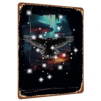 Tamsus stilius Varnos išskleistais sparnais Metalo geležies tapyba Fantazijos švytintis miško urvo peizažas Namų sienų dekoras Kabantis ornamentas 20x30cm（7.8x11.8inch） gray