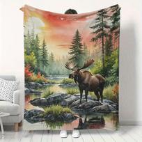 Cozy Moose in Forest Flannel Blanket - Soft, Warm, and Versatile for Sofa, Home Leisure, Office, Camping, and Travel, Polyester, Digital Print, All-Se 75X95CM beige