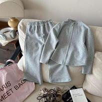Korean Style Kids Girls Long Sleeve Zipper Sweatshirt Flared Pants Two Piece Set 90cm pilka