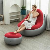 Thickened Inflatable Sofa Bed with Footrest – Foldable Outdoor Lounger, Comfortable Flocked Chair 125*105*100cm (Inflated) raudona