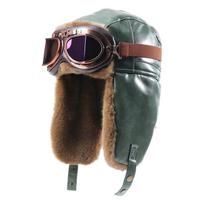 Unisex žieminė PU odos aviacinė kepurė su ausų apsauga Šilta vėjui atspari pilotų kepurė Šaltam orui Green Hat with Goggle Strap black