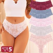 FINETOO 5Pcs Lace Sexy Thongs Women Low-Rise Briefs Sexy Soft Ladies Underwear Trendy Floral Underpants Female Panty Lingerie XL brown