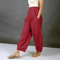 Women's Fashionable Casual -Color Cotton-Linen Trousers With Elastic Waistband And Pockets XL raudona